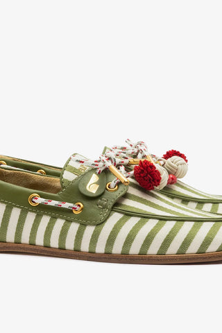 Mocassim Boat Shoe Cyprus Lona Listrada Verde Loafer Larroudé