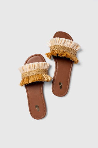 Flat Bahia Ráfia e Couro Bege Flat Sandal Larroudé