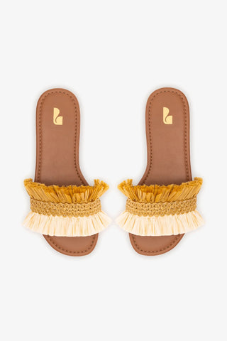 Flat Bahia Ráfia e Couro Bege Flat Sandal Larroudé