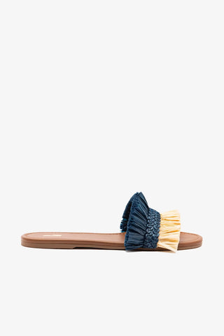 Flat Bahia Ráfia Azul e Couro Bege Flat Sandal Larroudé