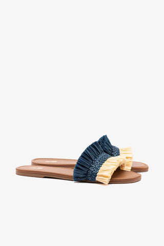 Flat Bahia Ráfia Azul e Couro Bege Flat Sandal Larroudé