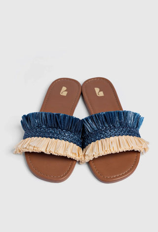 Flat Bahia Ráfia Azul e Couro Bege Flat Sandal Larroudé