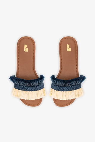 Flat Bahia Ráfia Azul e Couro Bege Flat Sandal Larroudé