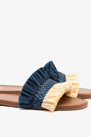 Flat Bahia Ráfia Azul e Couro Bege Flat Sandal Larroudé