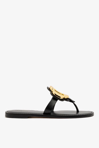 Sandália Flat Margherita Couro Preto e Metal Dourado Flat Sandal Larroudé