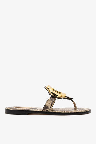 Sandália Flat Margherita Couro Cobra Bege e Metal Dourado Flat Sandal Larroudé