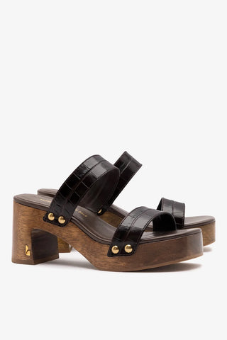 Larroudé x Kenneth Cole: Mule Couro Croco Marrom Sandal Larroudé x Kenneth Cole