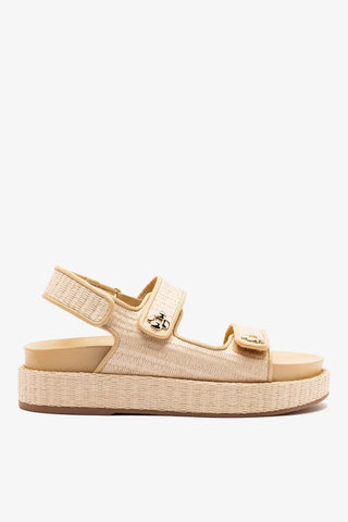 Sandália Jetty Ráfia Natural e Couro Bege Flat Sandal Larroudé