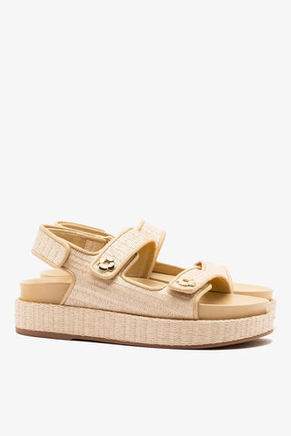 Sandália Jetty Ráfia Natural e Couro Bege Flat Sandal Larroudé