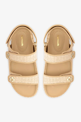 Sandália Jetty Ráfia Natural e Couro Bege Flat Sandal Larroudé