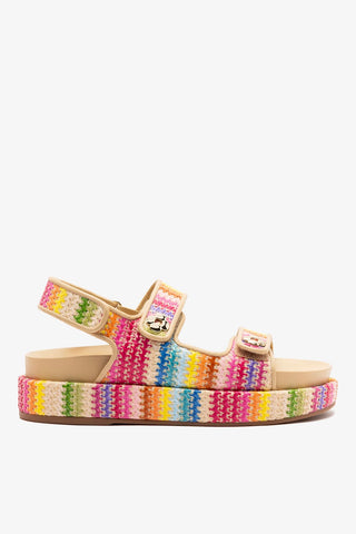 Sandália Jetty Ráfia Multicor e Couro Bege Flat Sandal Larroudé