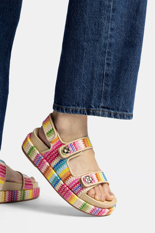 Sandália Jetty Ráfia Multicor e Couro Bege Flat Sandal Larroudé