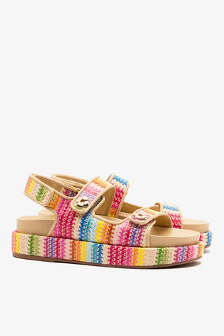 Sandália Jetty Ráfia Multicor e Couro Bege Flat Sandal Larroudé