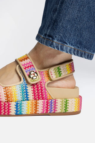 Sandália Jetty Ráfia Multicor e Couro Bege Flat Sandal Larroudé