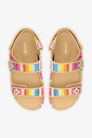 Sandália Jetty Ráfia Multicor e Couro Bege Flat Sandal Larroudé
