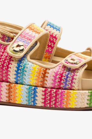Sandália Jetty Ráfia Multicor e Couro Bege Flat Sandal Larroudé