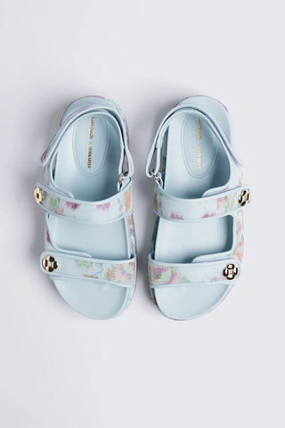 Larroudé x Markarian: Sandália Jetty Tecido Floral Azul Sandal Larroudé x Markarian