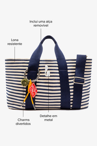 Bolsa Tote Bag Americana Lona Listrada Azul e Natural Handbags Larroudé