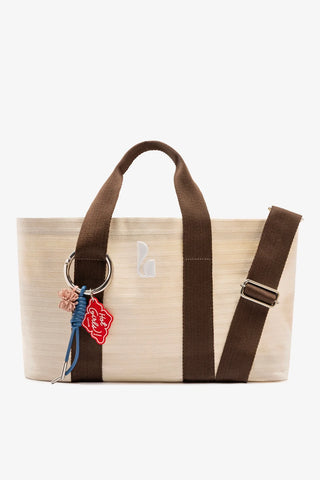 Bolsa Tote Bag Americana Lona Listrada Off White e Marrom Handbags Larroudé