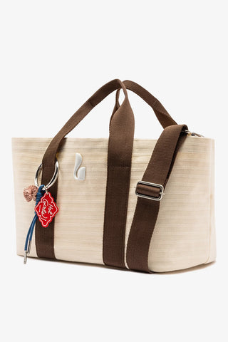 Bolsa Tote Bag Americana Lona Listrada Off White e Marrom Handbags Larroudé