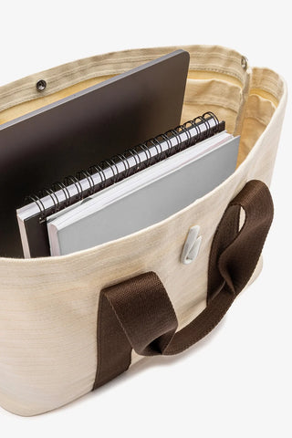 Bolsa Tote Bag Americana Lona Listrada Off White e Marrom Handbags Larroudé