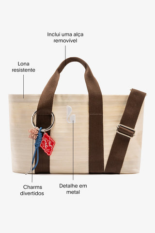 Bolsa Tote Bag Americana Lona Listrada Off White e Marrom Handbags Larroudé