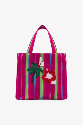 Bolsa Tote Bag Poppy Mini Ráfia Listrada Rosa e Verde Handbags Larroudé