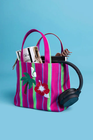 Bolsa Tote Bag Poppy Mini Ráfia Listrada Rosa e Verde Handbags Larroudé