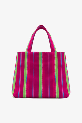 Bolsa Tote Bag Poppy Mini Ráfia Listrada Rosa e Verde Handbags Larroudé