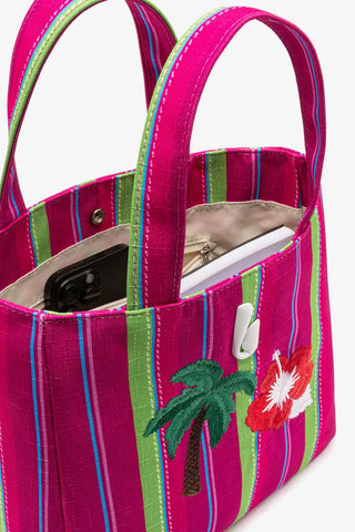 Bolsa Tote Bag Poppy Mini Ráfia Listrada Rosa e Verde Handbags Larroudé