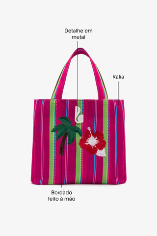 Bolsa Tote Bag Poppy Mini Ráfia Listrada Rosa e Verde Handbags Larroudé