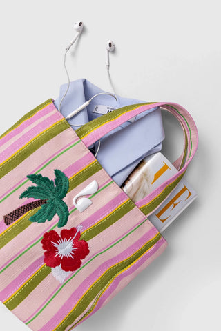 Bolsa Tote Bag Poppy Mini Ráfia Listrada Rosa Handbags Larroudé
