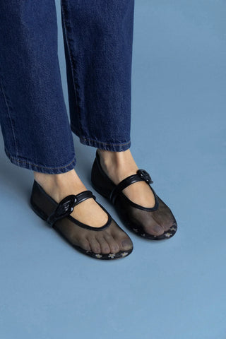 Sapatilha Verona Mesh Tela e Couro Preto Ballerina Larroudé