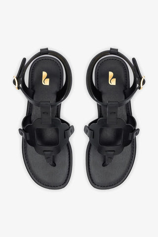 Sandália Flat Margherita Couro Preto Flat Sandal Larroudé
