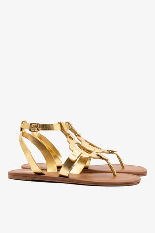 Sandália Flat Margherita Couro Dourado Flat Sandal Larroudé