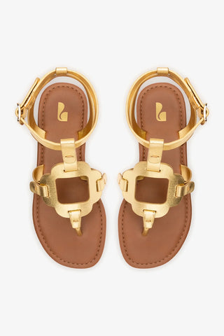Sandália Flat Margherita Couro Dourado Flat Sandal Larroudé
