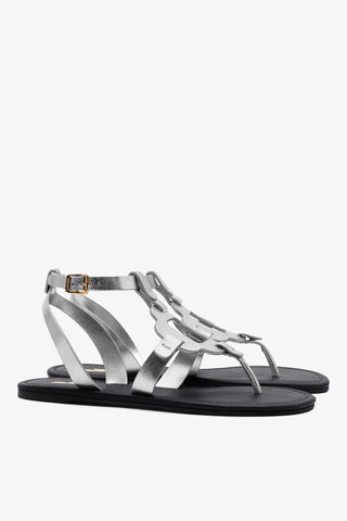 Sandália Flat Margherita Couro Prateado Flat Sandal Larroudé