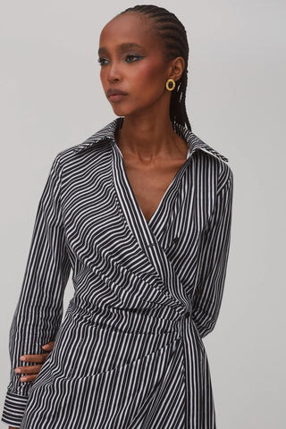 Vestido Transpassado Sashi Algodão Listrado Preto e Branco Vestuario Larroudé x Jonathan Cohen