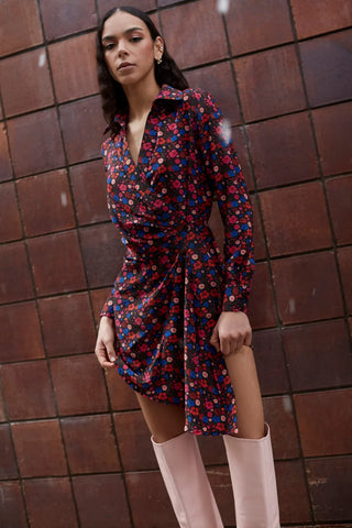 Vestido Transpassado Sashi Cetim Floral Preto Vestuario Larroudé x Jonathan Cohen