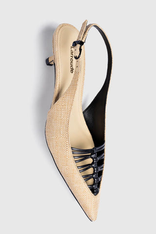 Slingback Nara Ráfia Bege e Couro Preto Pump Larroudé