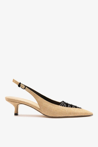 Slingback Nara Ráfia Bege e Couro Preto Pump Larroudé