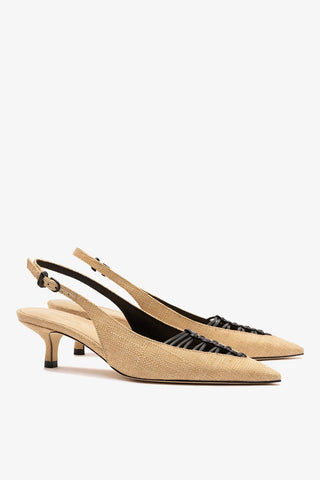 Slingback Nara Ráfia Bege e Couro Preto Pump Larroudé