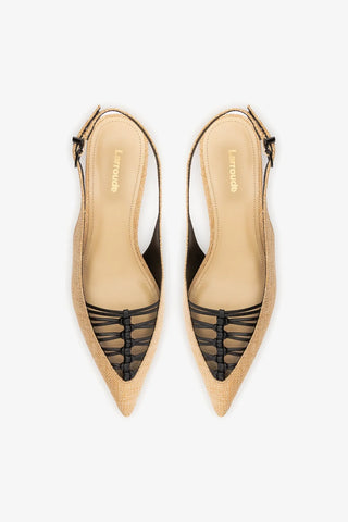 Slingback Nara Ráfia Bege e Couro Preto Pump Larroudé