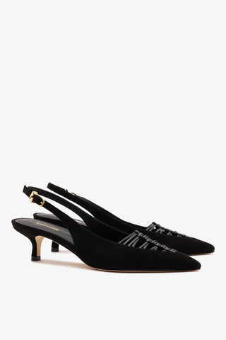 Slingback Nara Camurça e Couro Preto Pump Larroudé