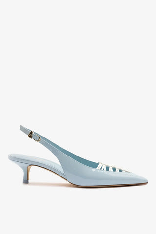 Slingback Nara Couro Verniz Azul e Couro Branco Pump Larroudé