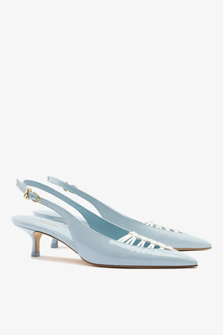Slingback Nara Couro Verniz Azul e Couro Branco Pump Larroudé