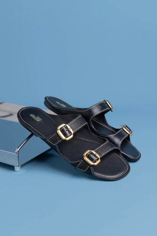 Flat Amalfi Couro Preto Flat Sandal Larroudé