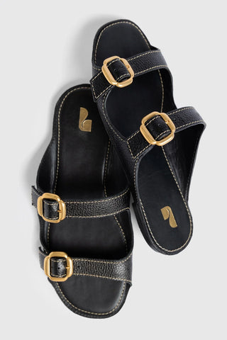 Flat Amalfi Couro Preto Flat Sandal Larroudé