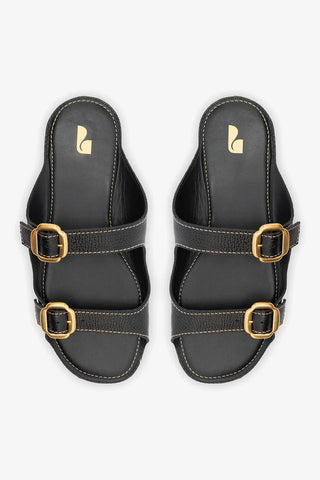 Flat Amalfi Couro Preto Flat Sandal Larroudé