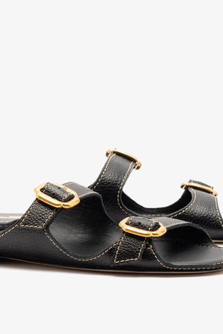 Flat Amalfi Couro Preto Flat Sandal Larroudé